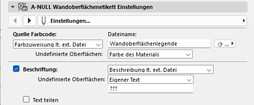 The image is a software interface showing a settings page with fields for inputting text and color codes, specifically for defining colors and text for undetermined surfaces.??KI-generierte Inhalte können fehlerhaft sein.